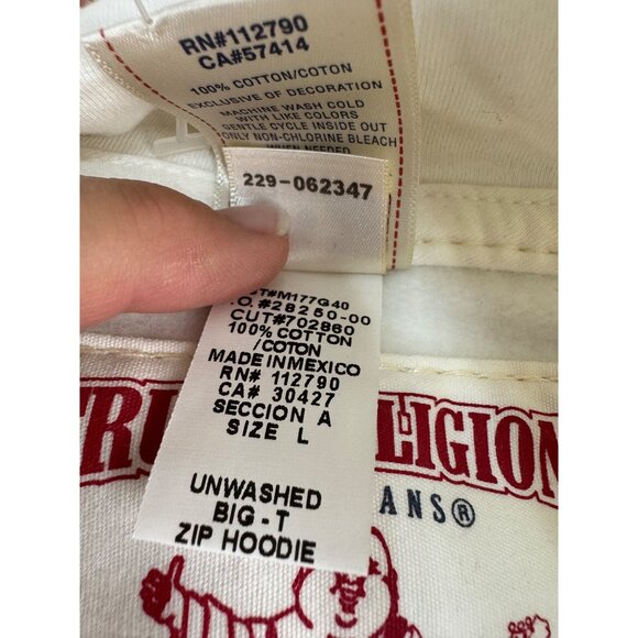 True Religion Mens Unisex Off-White Hoodie Jacket L Cotton Zip-Up NWOT - Picture 9 of 16